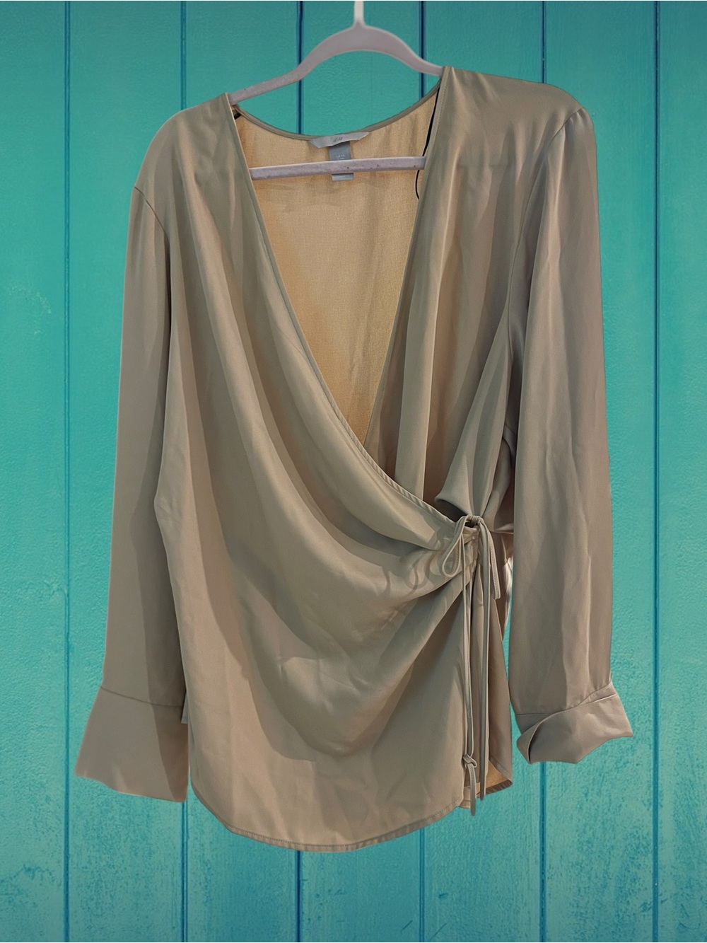H&M Taupe Wrap-Style Long Sleeve Blouse with Side Tie